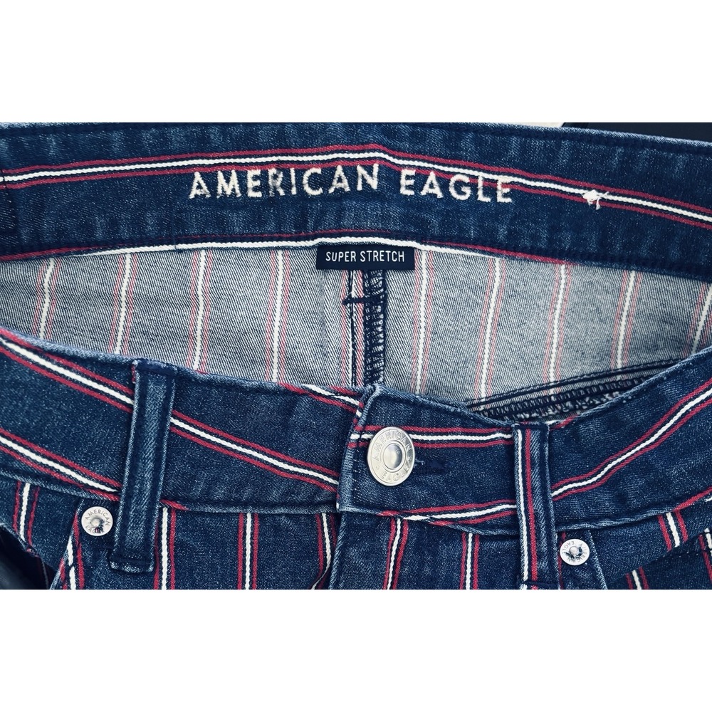 American Eagle Skirt Womens 10 Blue Red Striped Denim Jean Mini Stretch Raw Edge - Picture 9 of 10